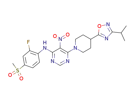 (2-fluoro-4-methanesulfonyl-phenyl)-{6-[4-(3-isopropyl-[1,2,4]oxadiazol-5-yl)-piperidin-1-yl]-5-nitro-pyrimidin-4-yl}-amine